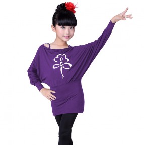 Black purple violet long bat wing sleeves top and spandex leggings girls kids children cottom gymnastics performance latin salsa dance dresses outfits costumes